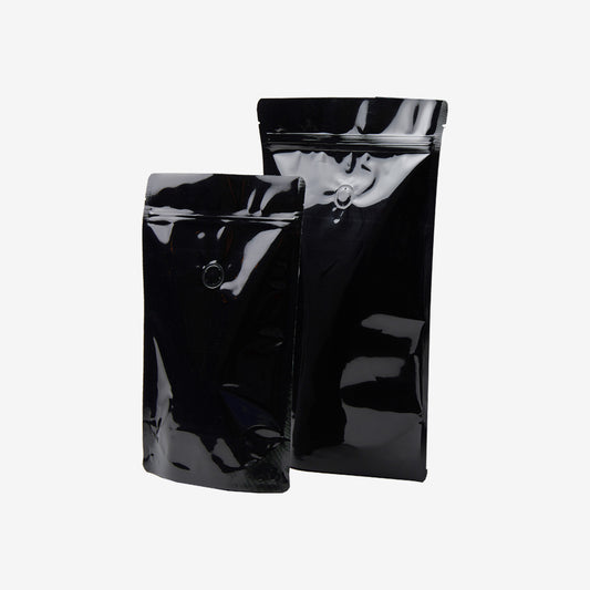 Gloss Black Stand Up Pouches with Reseal Zip and Valve - 250 G