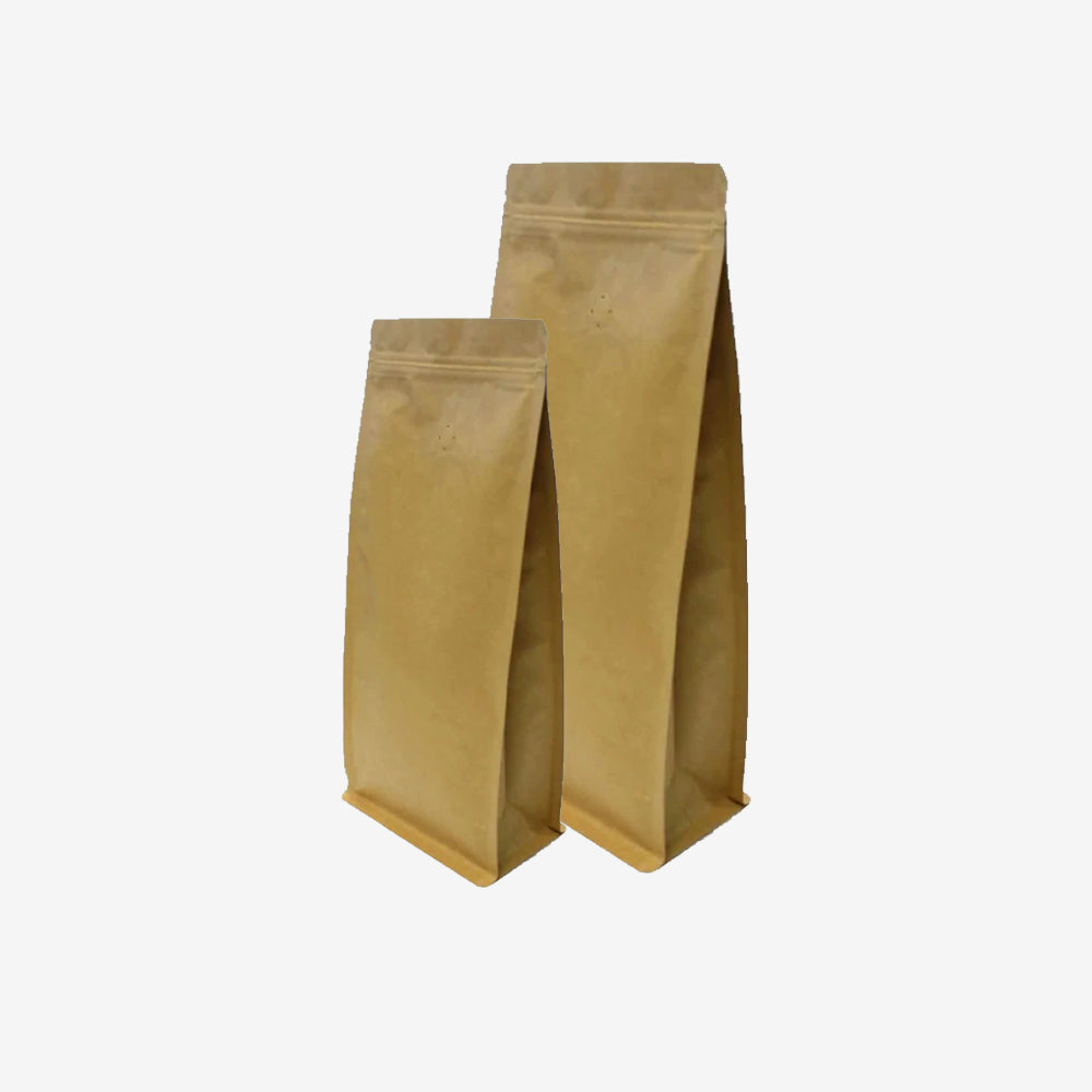 Kraft Block Bottom Pouches with Reseal Zip and Valve - 1 KG