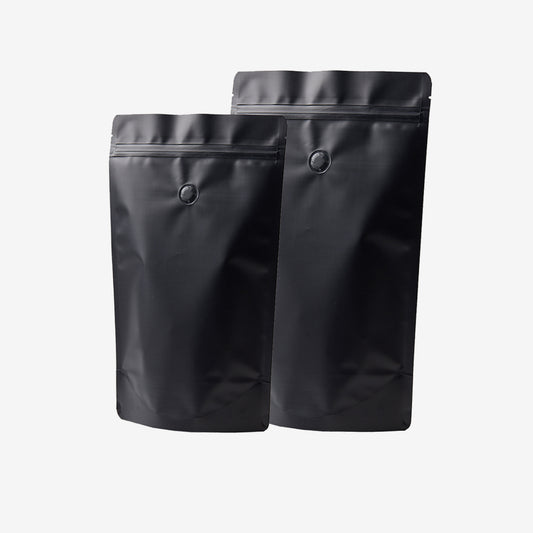Matt Black Stand Up Pouches with Reseal Zip and Valve - 250 G
