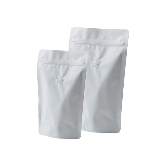 Matt White Stand Up Pouches with Reseal Zip and Valve - 250 G