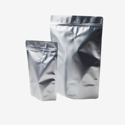 Matt Silver Stand Up Pouches with Reseal Zip and Valve - 250 G